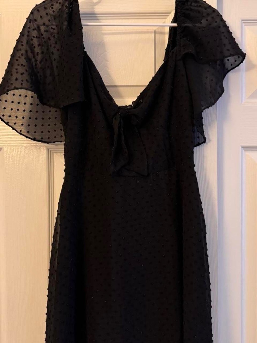 Lulus Black Swiss Dot Flutter Sleeve Mini Dress Womens Medium